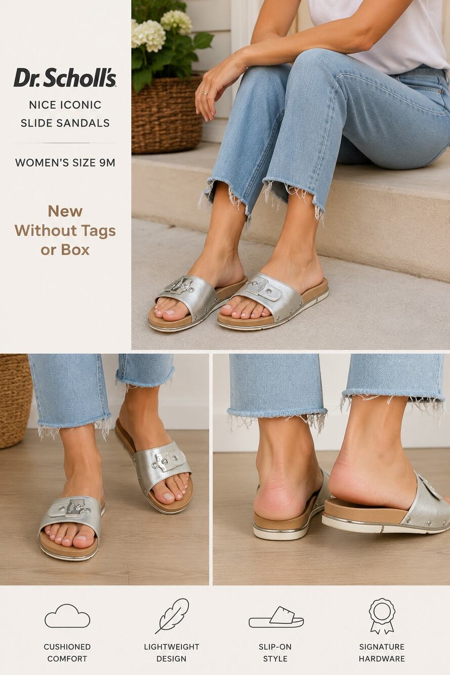Dr. Scholl’s Nice Iconic Slide Sandals Metallic Silver Women Size 9M  NWOB